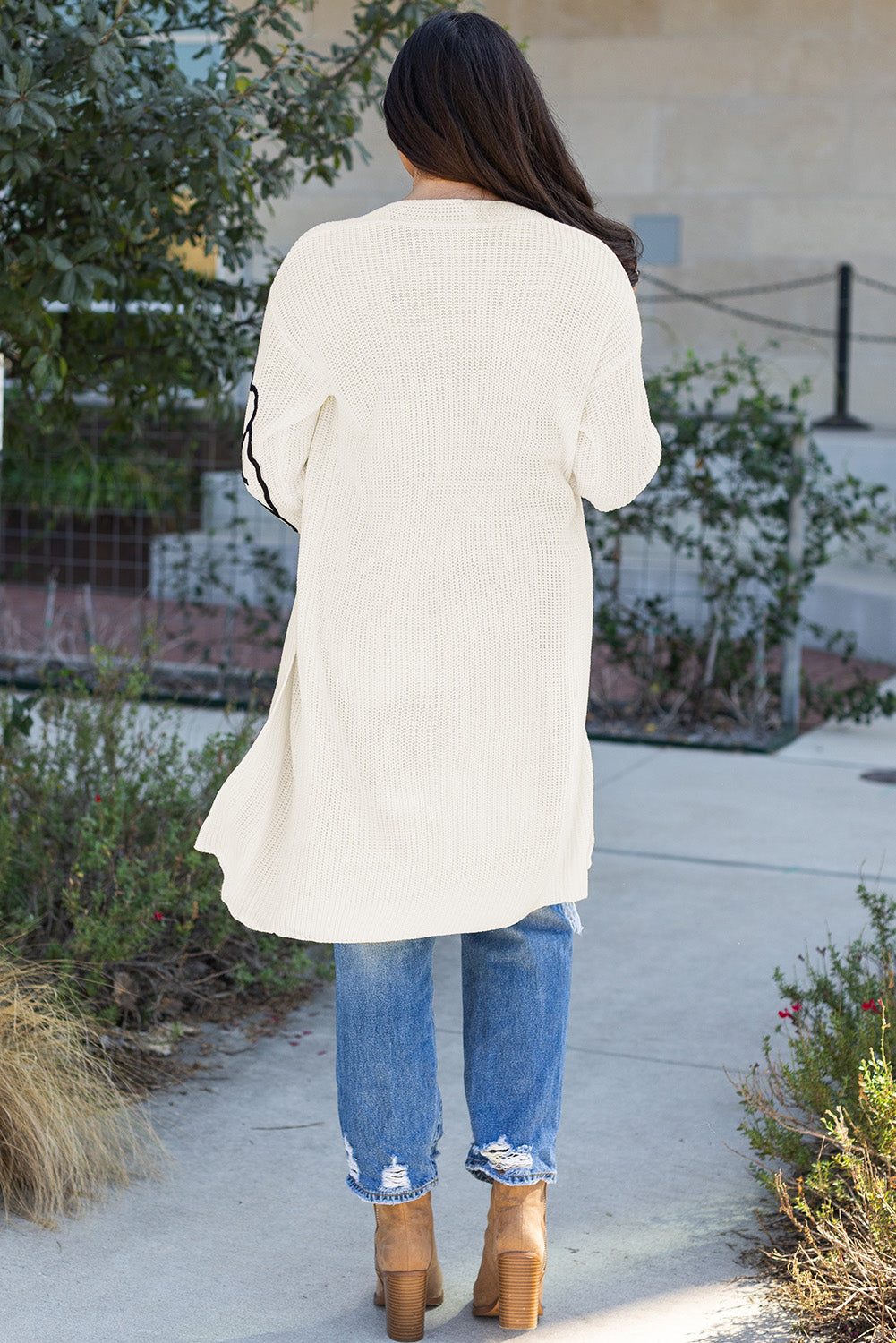 Beige Flower Embroidered Drop Shoulder Open Front Duster Cardigan 🇨🇳