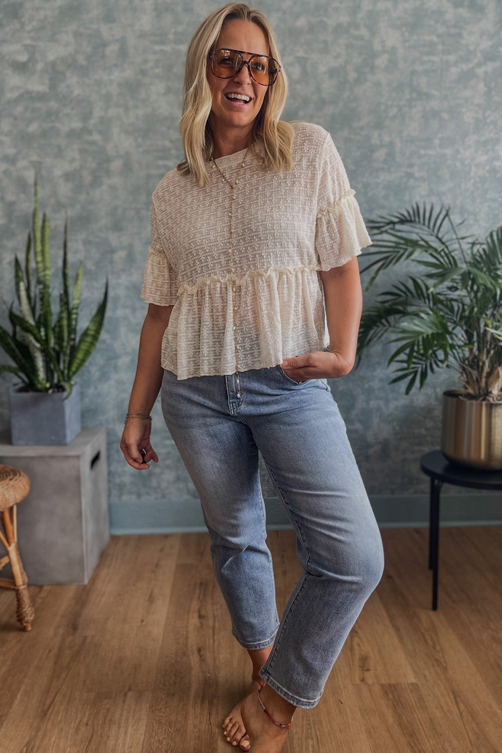 Beige Solid Color Textured Ruffled Short Sleeve Blouse 🇺🇸