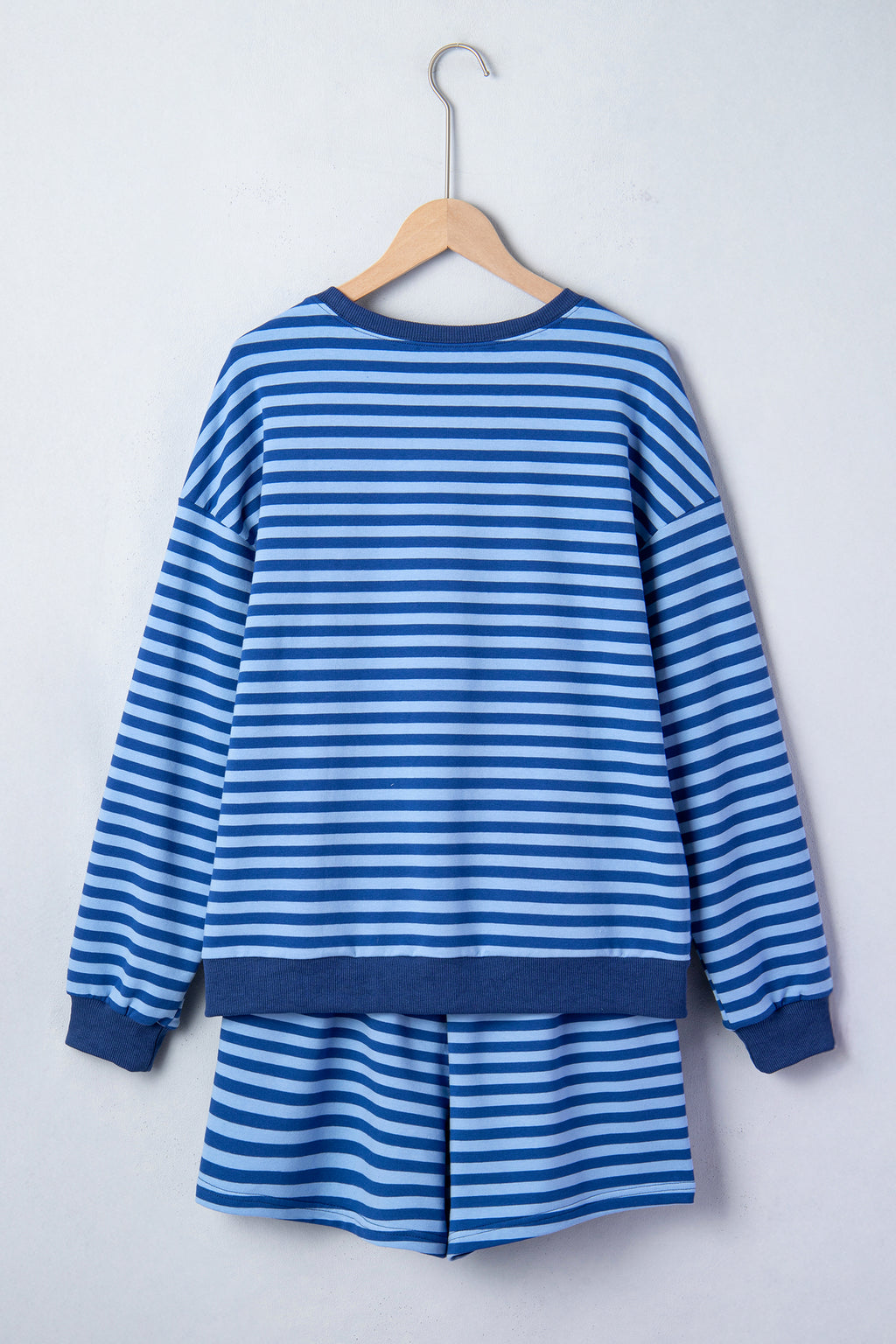 Blue Stripe Drop Shoulder Long Sleeve Pullover Elastic Waist Casual Short Set 🇺🇸