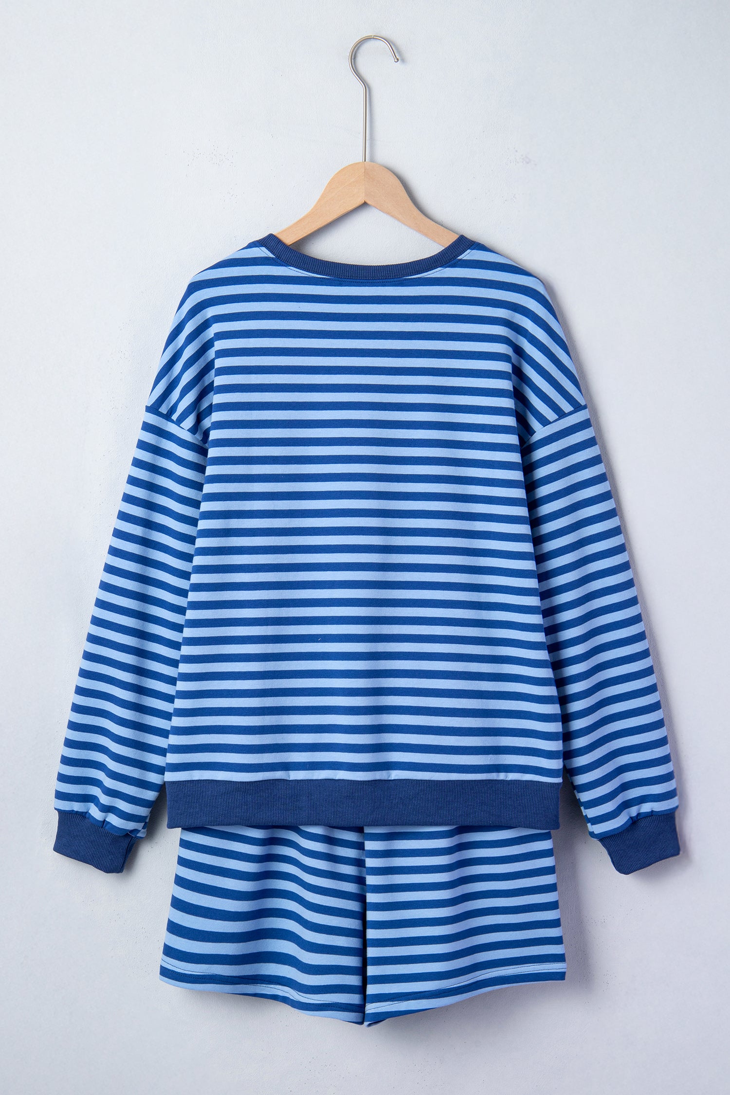 Blue Stripe Drop Shoulder Long Sleeve Pullover Elastic Waist Casual Short Set 🇺🇸