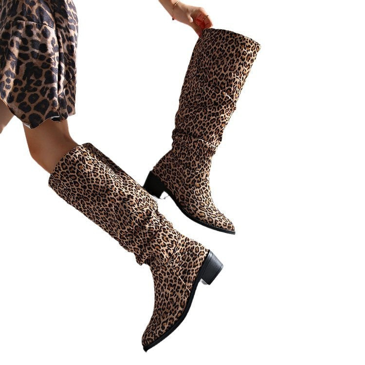Fashion Square Toe Chunky Heel High Heel Leopard Print Boots 🇨🇳