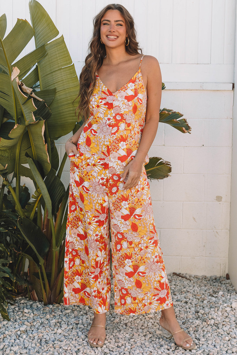 Orange Floral V Neck Wide Leg Sleeveless Jumpsuit 🇨🇳