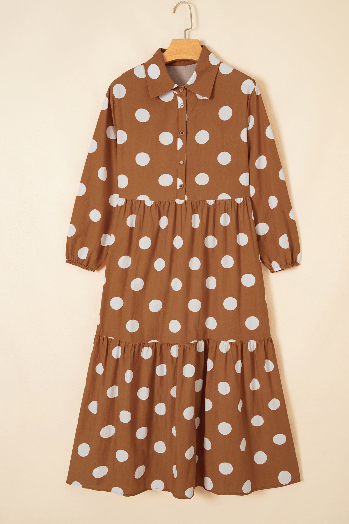 Brown Polka Dot Button Front Long Sleeve Shift Dress 🇺🇸