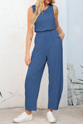 Sail Blue Solid Color Pleated Detail Elastic Waist Sleeveless Jumpsuit 🇺🇸