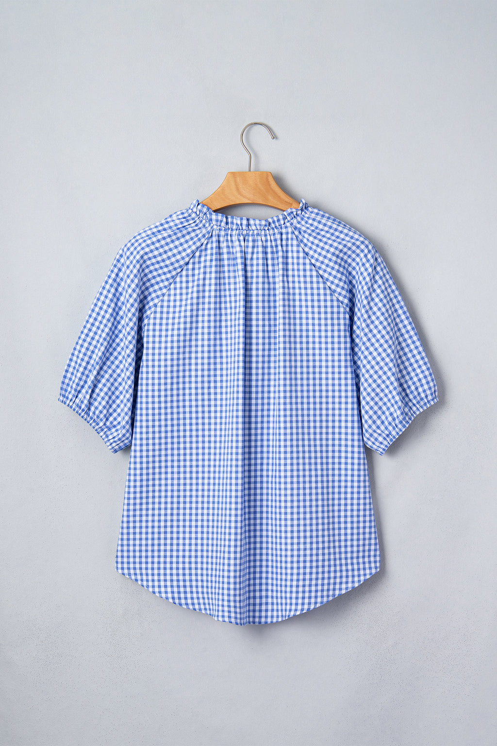 Sky Blue Summer Plaid V Neck Puff Sleeve Blouse 🇺🇸