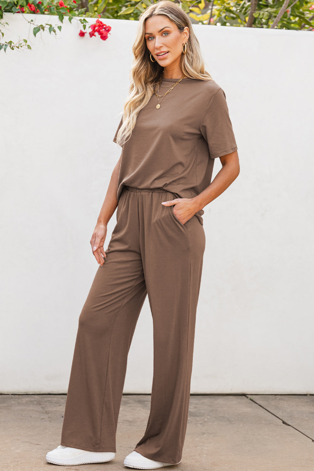 Smoke Gray Solid Color T Shirt 2pcs Wide Leg Pants Set 🇺🇸