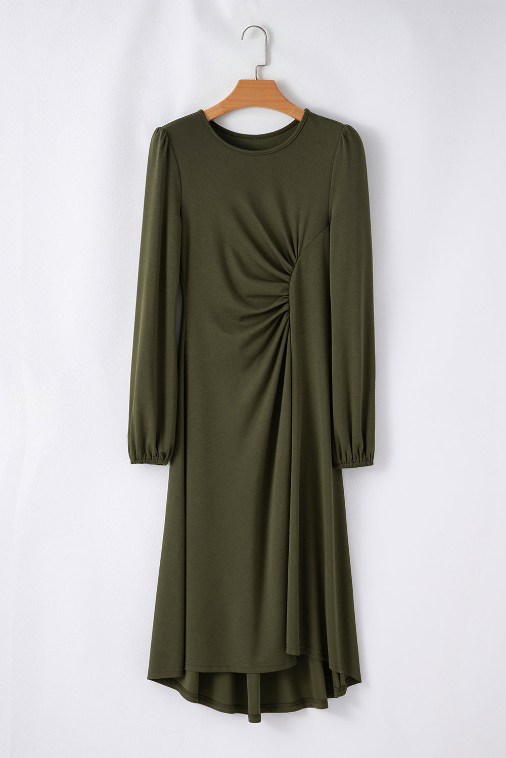 Jungle Green Solid Color Ruched Detail Long Sleeve Midi Dress 🇺🇸