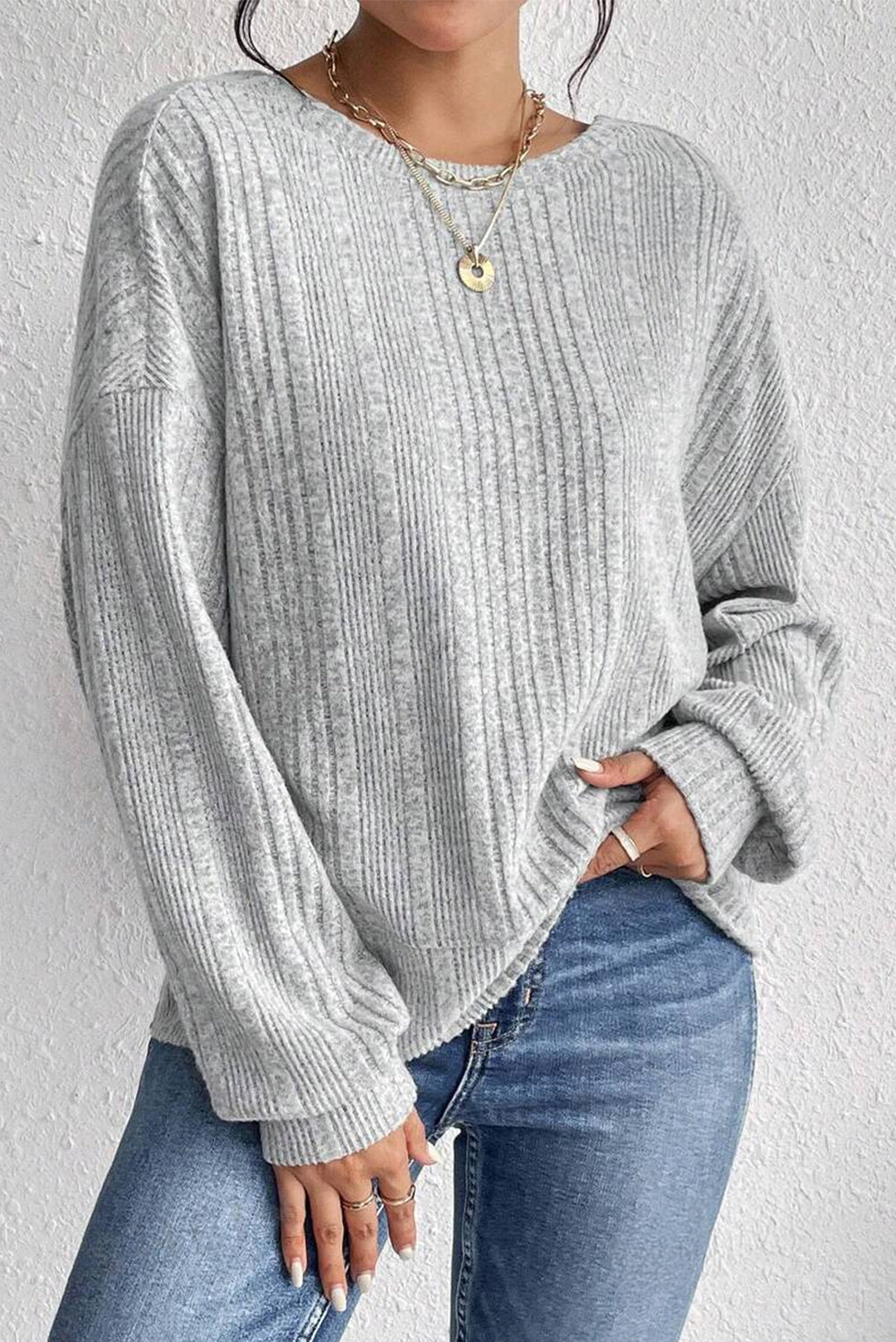 Light Grey Textured Crossover Backless Knit Long Sleeve Top 🇺🇲