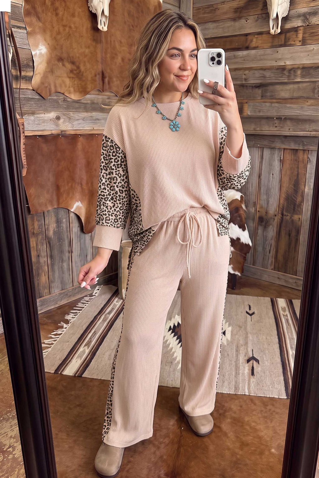Light French Beige Leopard Print Ribbed Twist Long Sleeve Top Pants Plus Size Set 🇺🇸