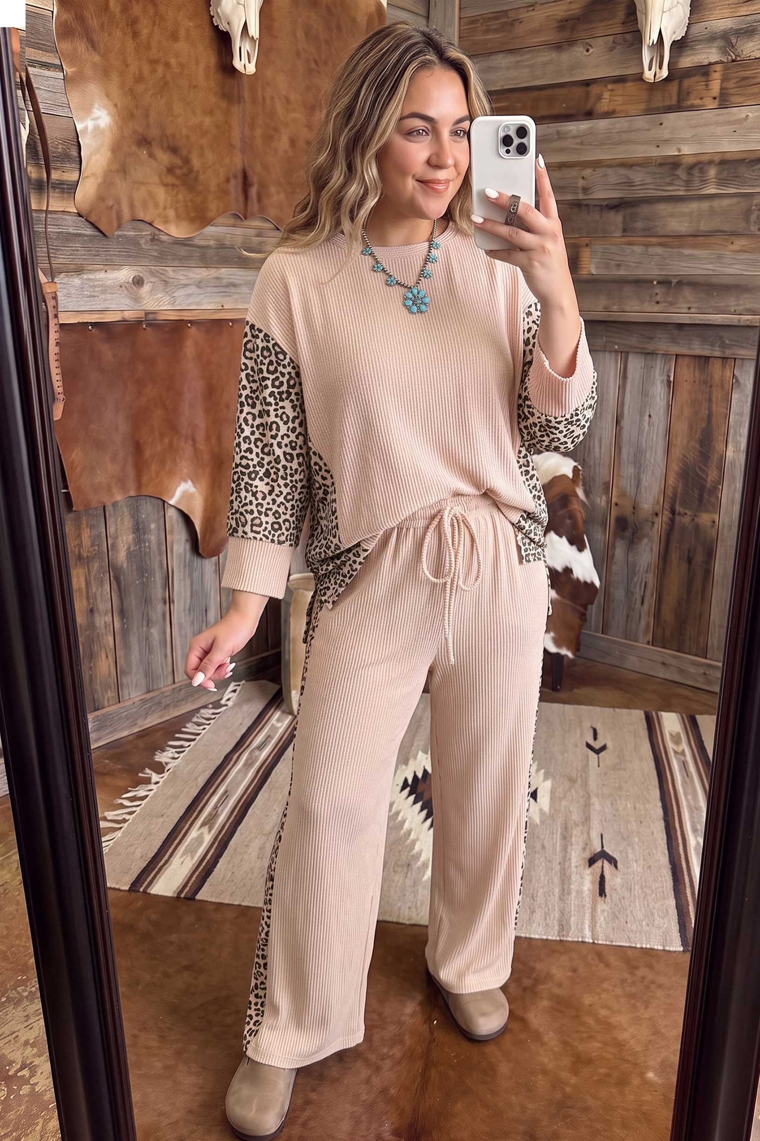 Light French Beige Leopard Print Ribbed Twist Long Sleeve Top Pants Plus Size Set 🇺🇸