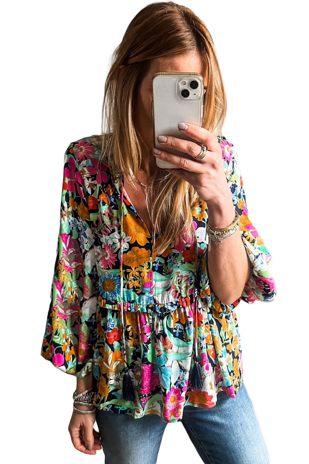 Multicolour Floral Print Bubble Sleeve V Neck Ruffled Blouse 🇺🇸