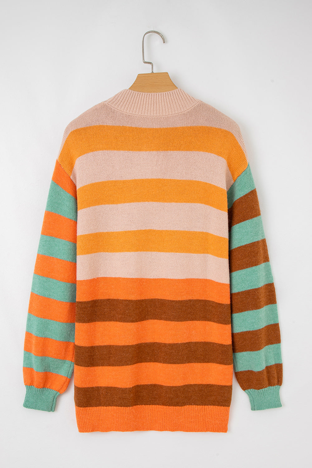 Orange Stripe Color Block High Neck Drop Shoulder Cozy Sweater 🇺🇲