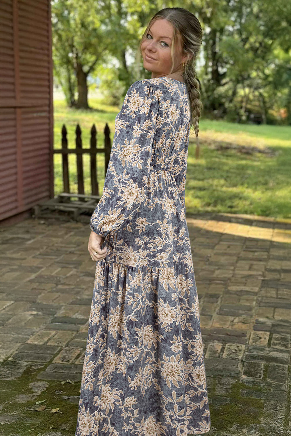 Sky Blue Floral Print Smocked High Waist Long Sleeve Maxi Dress 🇺🇸