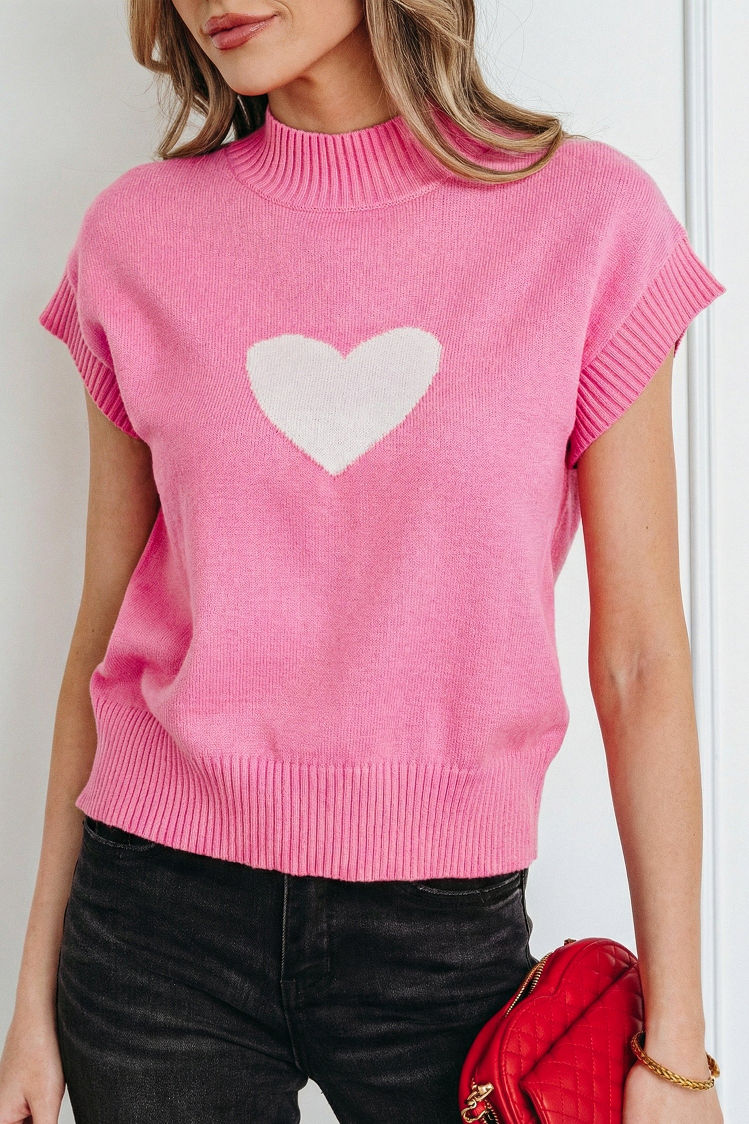 Pink Heart Graphic Cropped Short Sleeve Sweater 🇺🇸