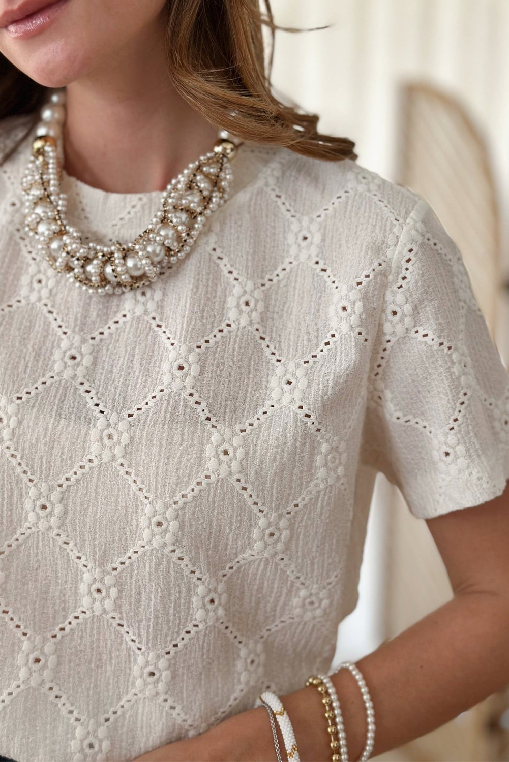 White Geometric Embroidered Slim Fit O Neck T Shirt 🇺🇲