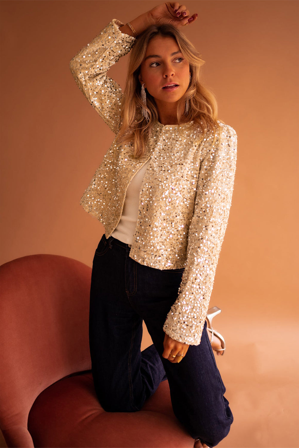 Golden Fleece Sequined Open Front Cropped Jacket 🇺🇸