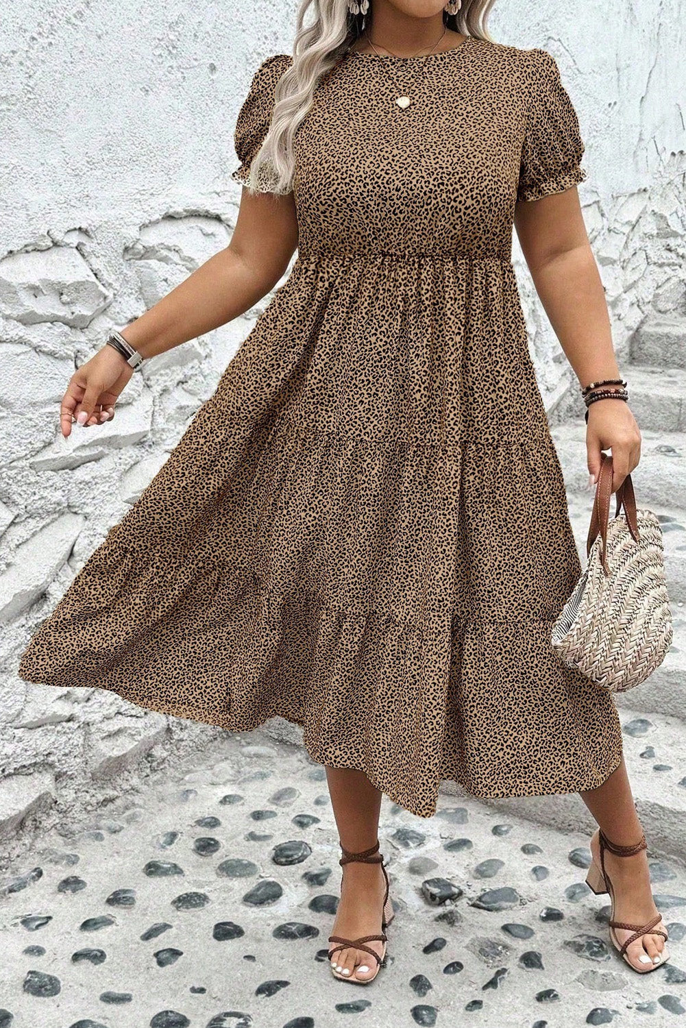 Brown Plus Size Leopard Print Frill Trim Short Sleeve Flared Dress 🇨🇳