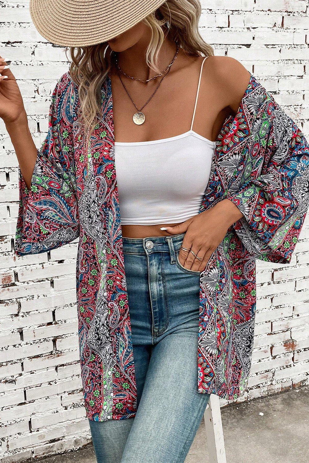 Red Paisley Print Open Front Kimono 🇨🇳