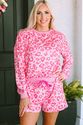 Pink Leopard Long Sleeve Satin Tie Shorts Two Piece Set 🇺🇸