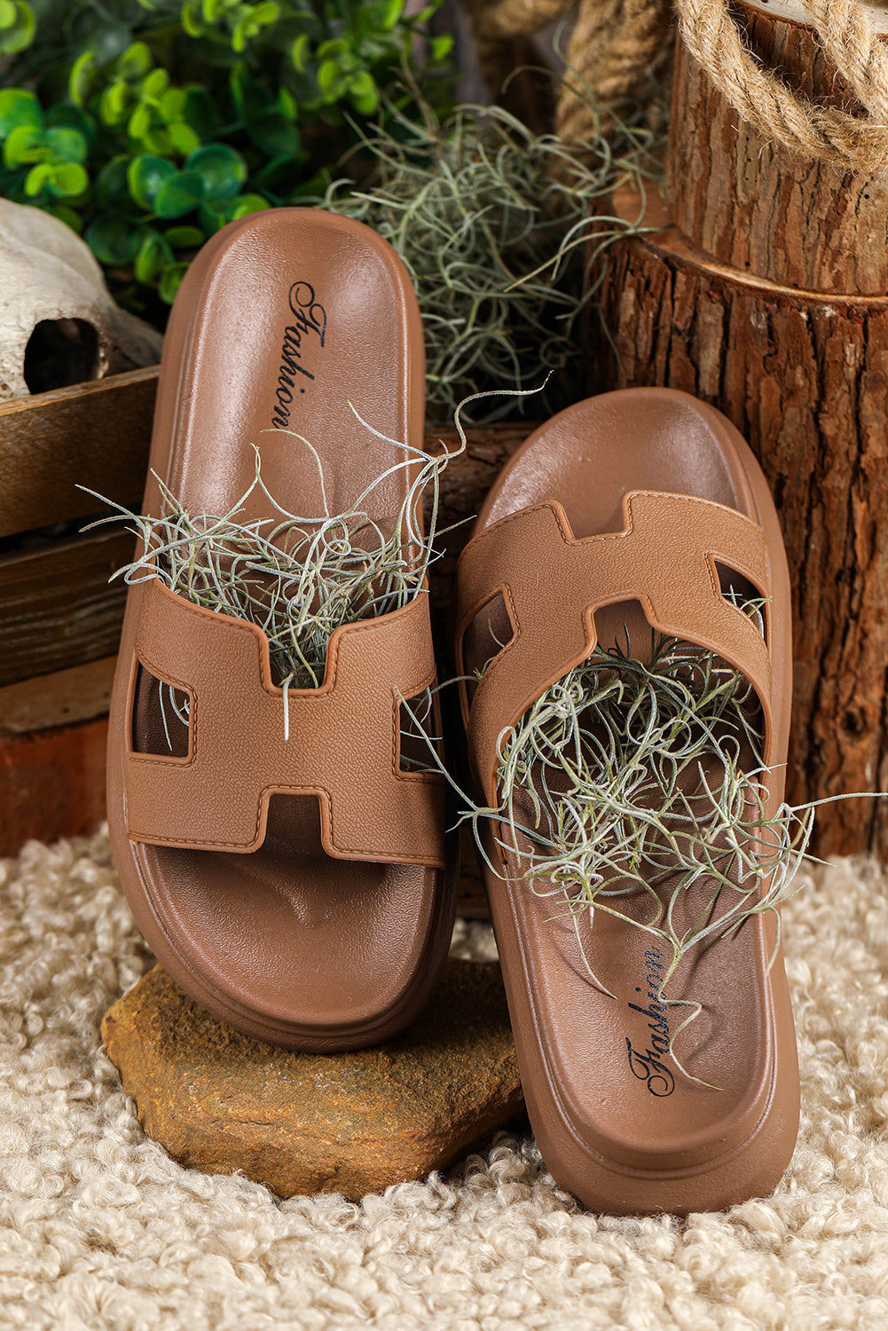 Chestnut Cutout Design Open Toe Platform Slippers (Run Small, Size Up) 🇨🇳