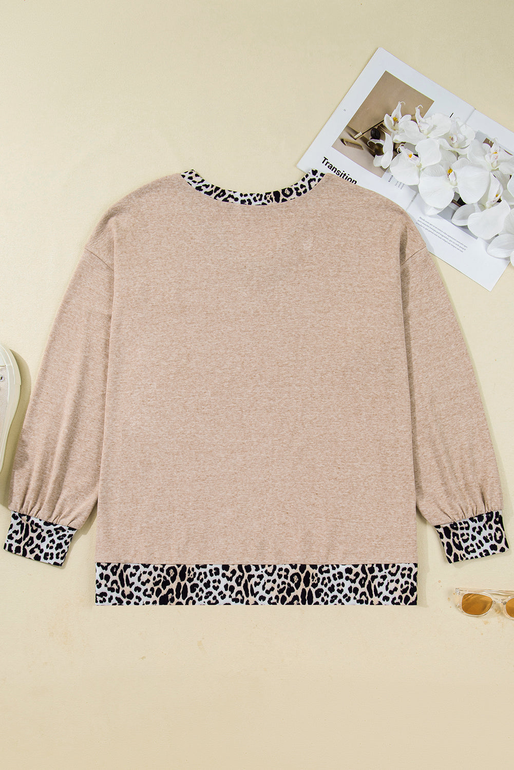 Parchment Leopard Patchwork V Neck Long Sleeve Plus Size Top 🇺🇸