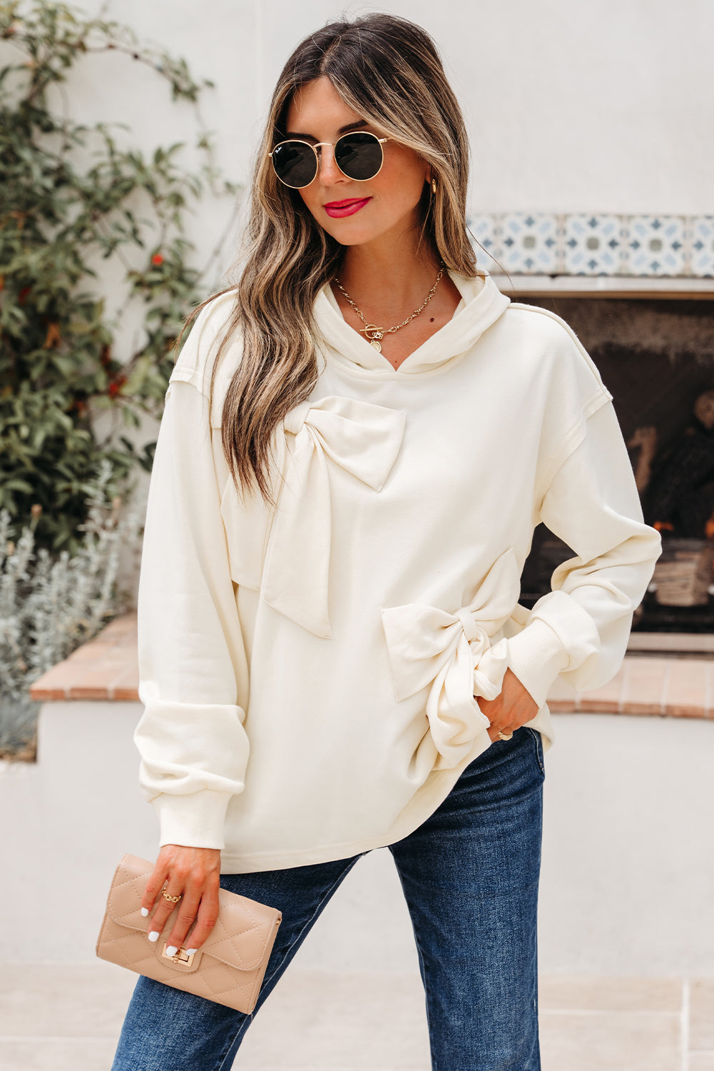 White Solid Color Cute Bow Detail Loose Hoodie 🇺🇲