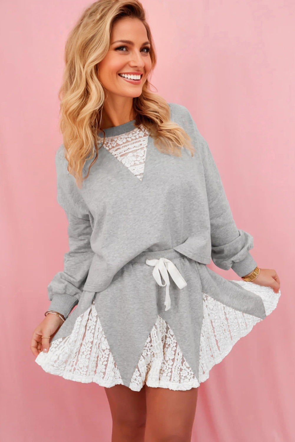 Light Grey Lace Patchwork Drop Shoulder Pullover Drawstring Skort 2pcs Outfit 🇺🇸