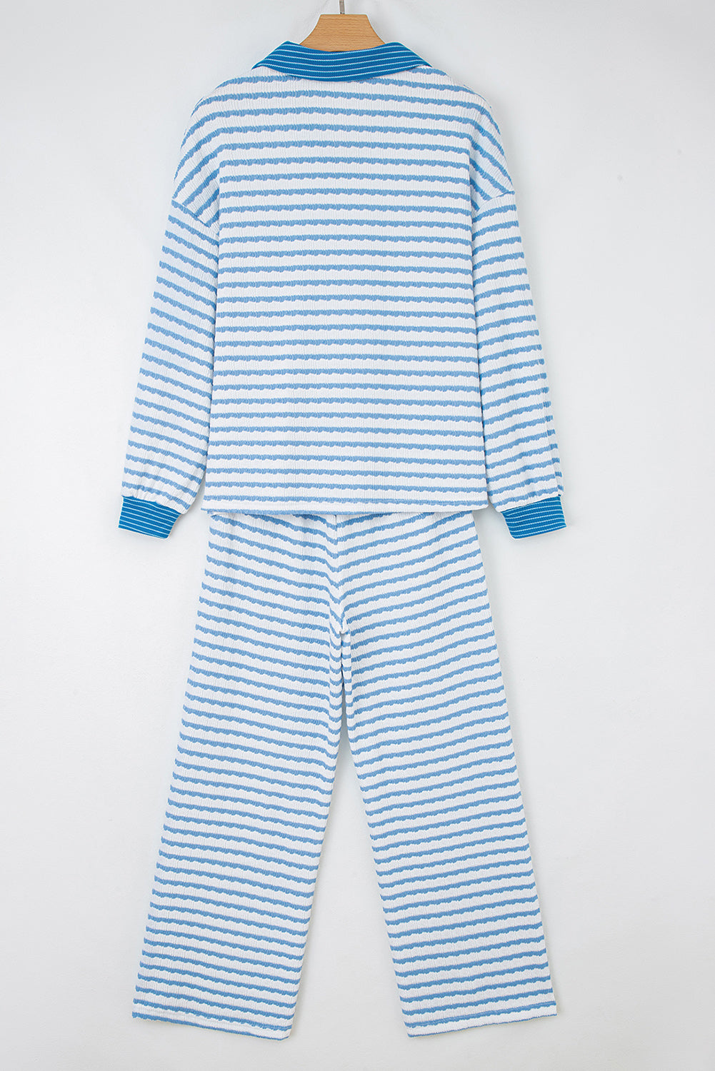 Sky Blue Stripe Collared Pullover Top and Drawstring Pant Set 🇺🇸