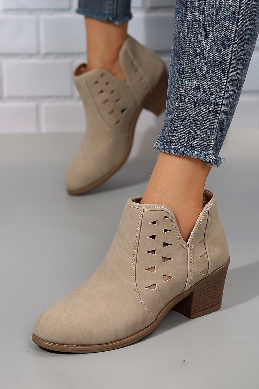 Parchment Cut Out Suede Pointed Toe Heeled Ankle Boots 🇺🇸