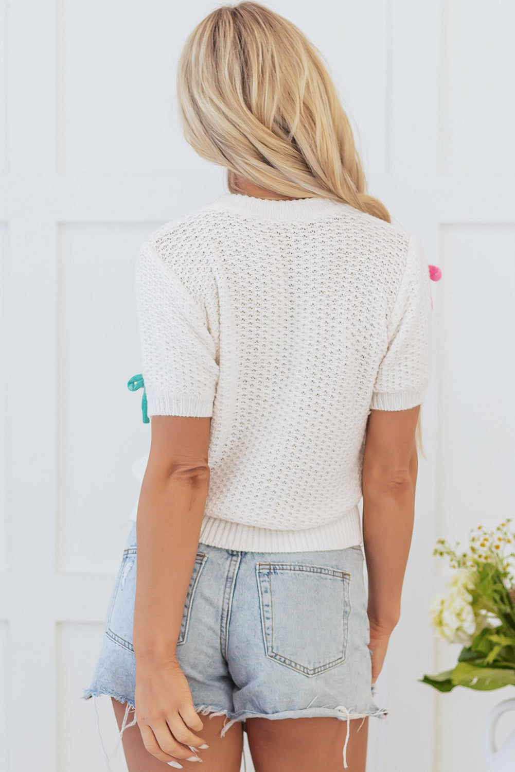 White Colorful Bow Knit Mock Neck Short Sleeve Sweater 🇺🇸
