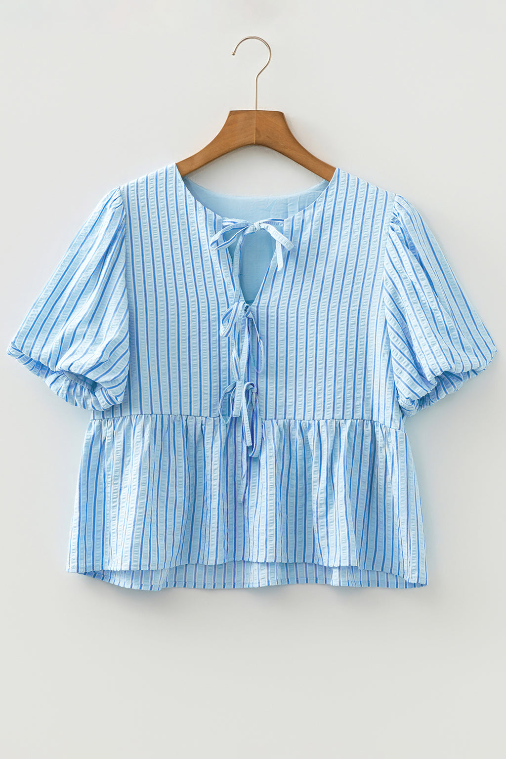 Sky Blue Stripe Bow Knot Textured Short Puff Sleeve Babydoll Blouse 🇺🇸