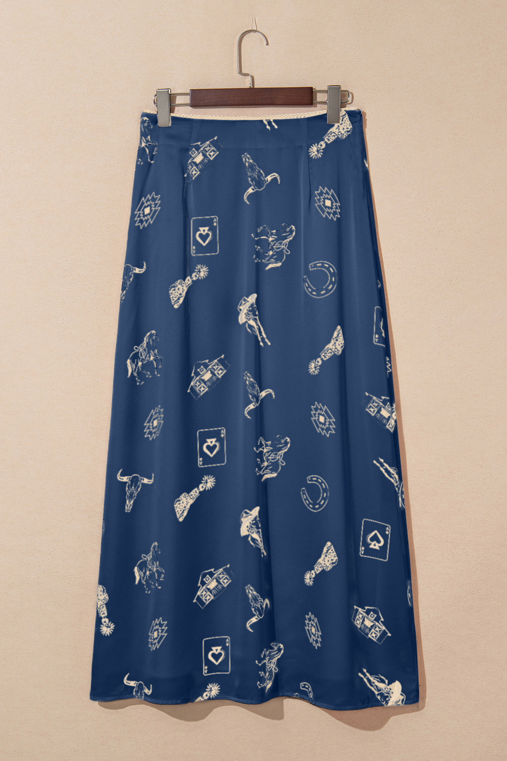 Navy Blue Western Print Satin Long Skirt 🇺🇸