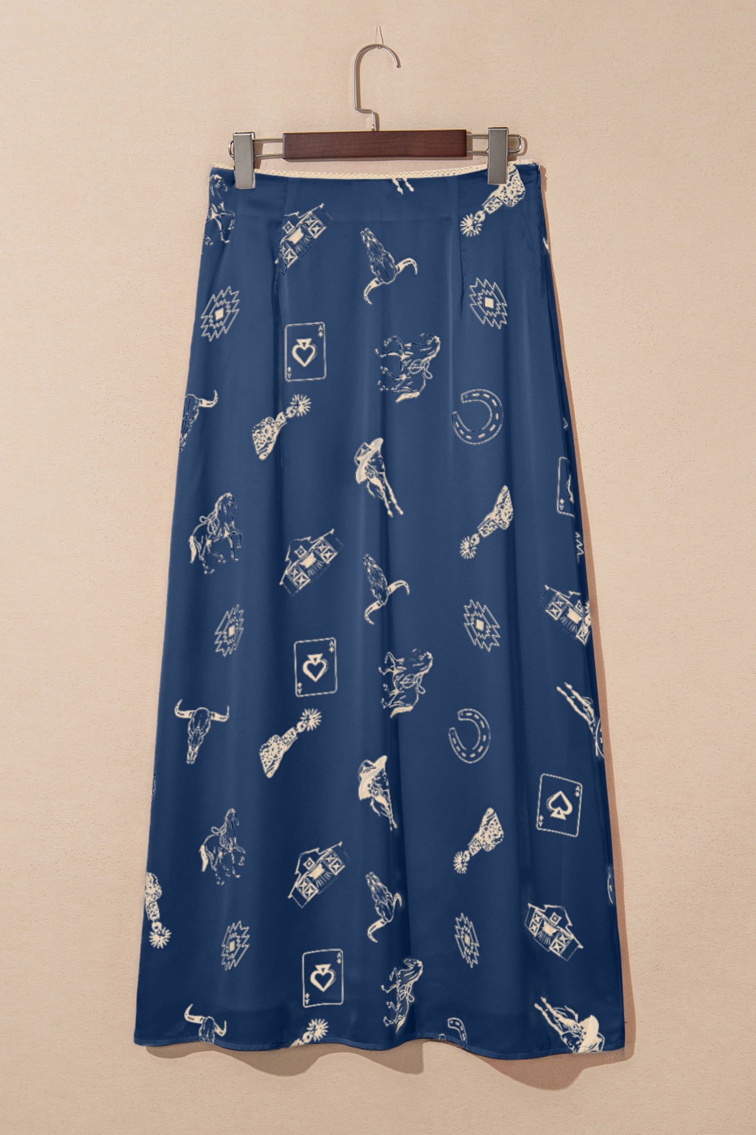 Navy Blue Western Print Satin Long Skirt 🇺🇸