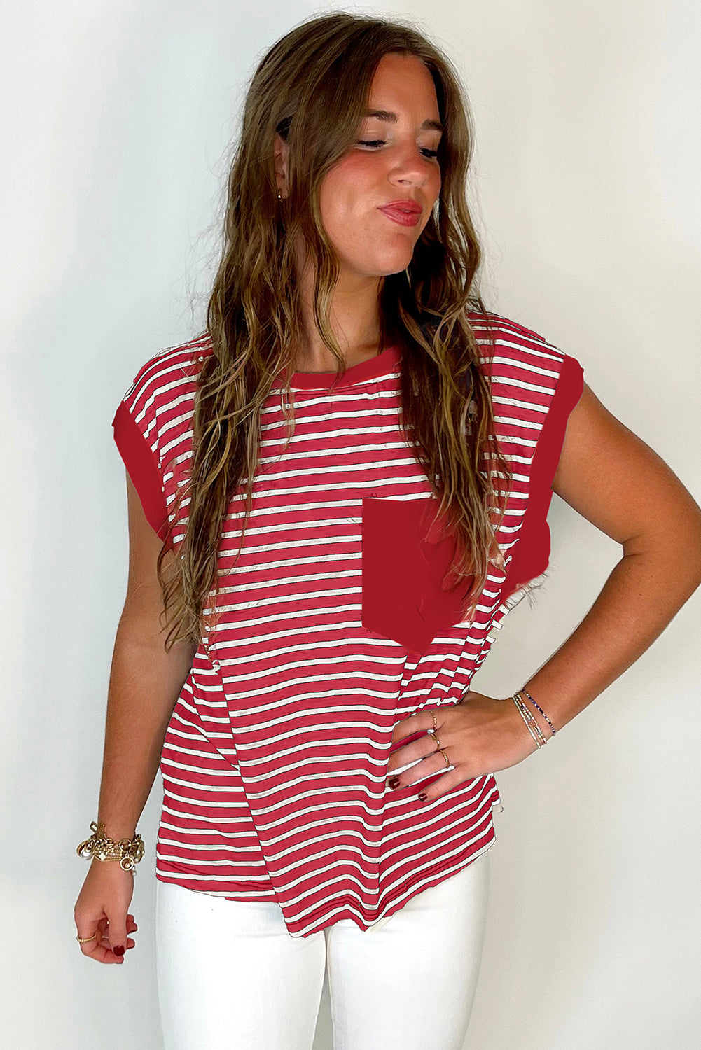 Red Stripe Chest Pocket Patch Round Neck Tank Top 🇨🇳