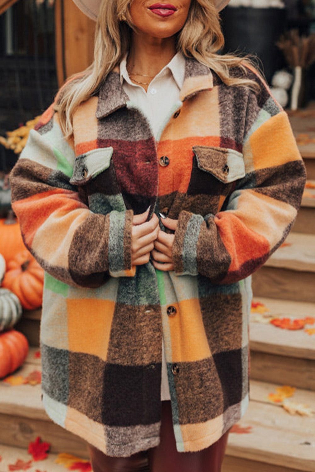 Orange Plaid Print Flap Pocket Long Jacket 🇺🇸