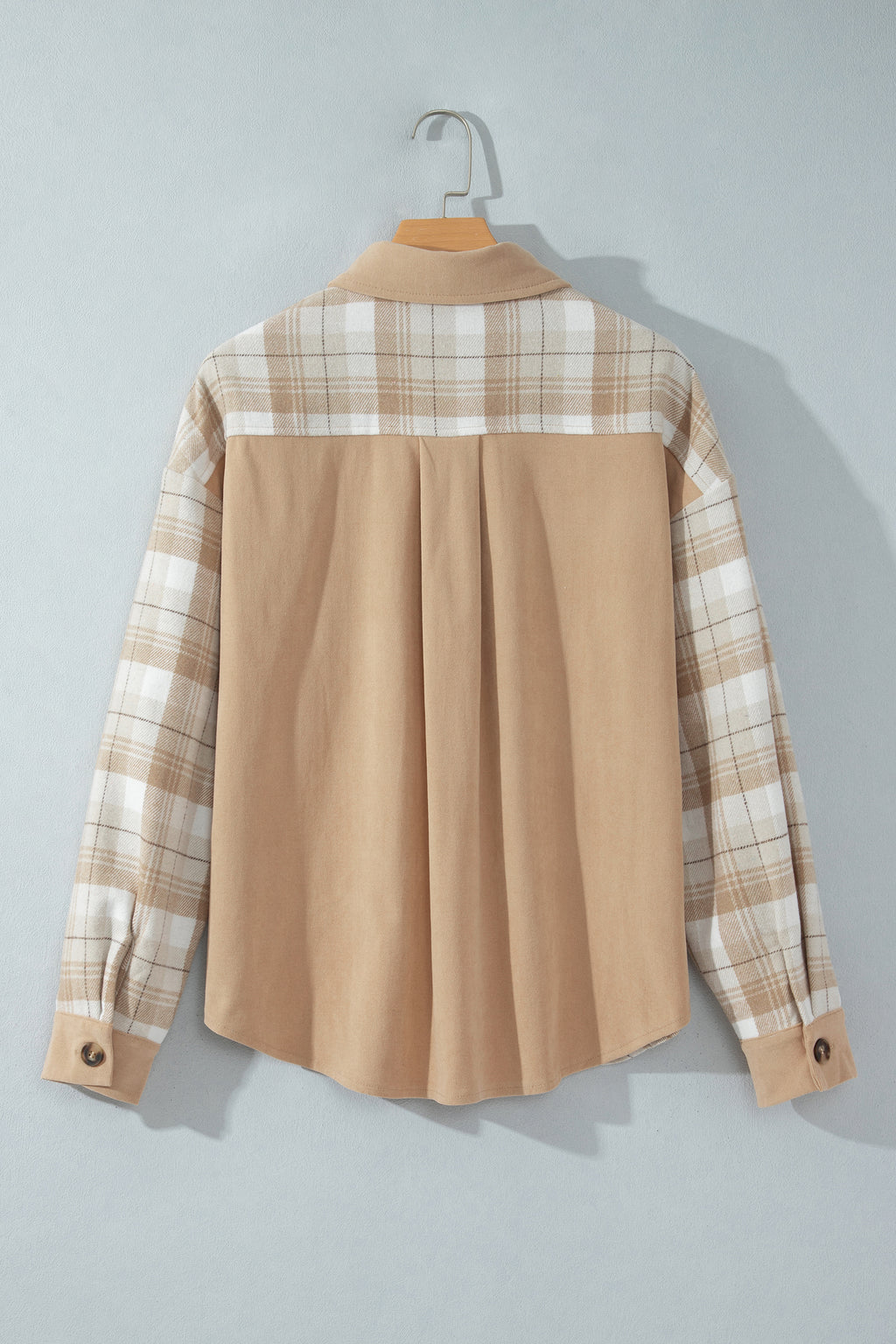 Light French Beige Plaid Colorblock Shirt Collar Shift Shacket 🇺🇸