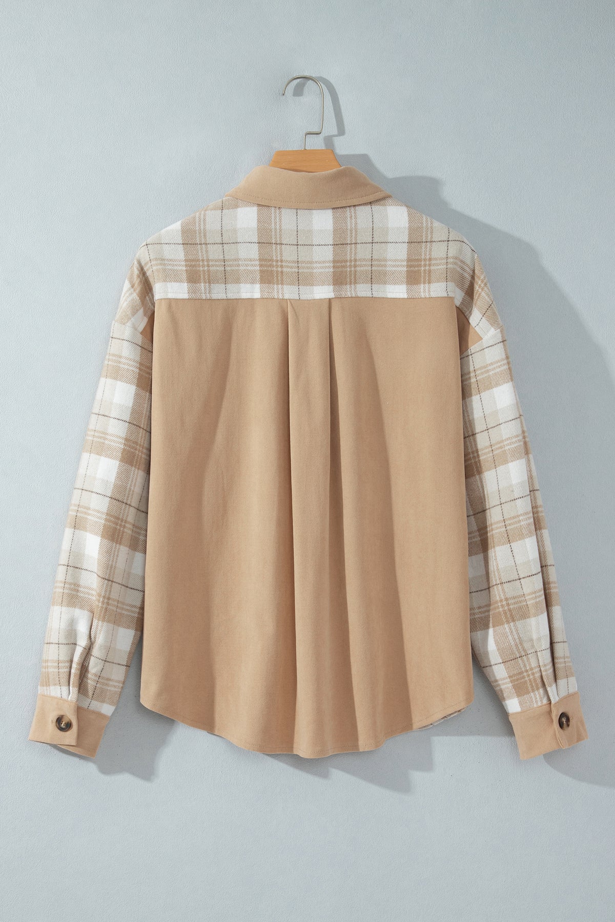 Light French Beige Plaid Colorblock Shirt Collar Shift Shacket 🇺🇸