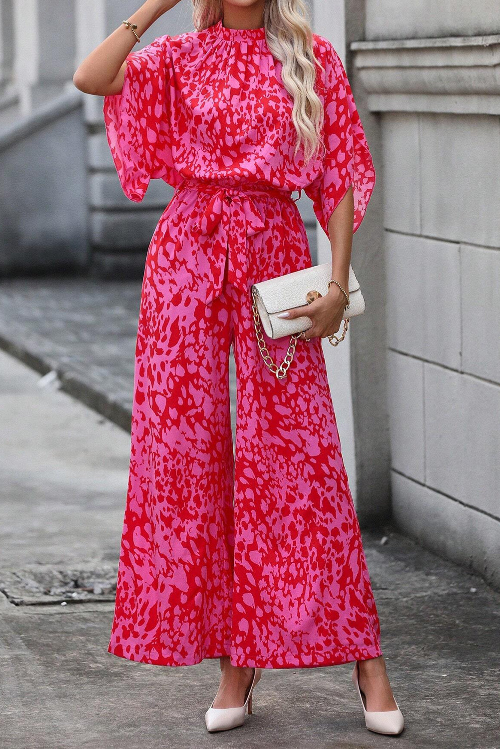 Rose Leopard Loose Sleeve Belted Wide Leg Jumpsuit 🇺🇸