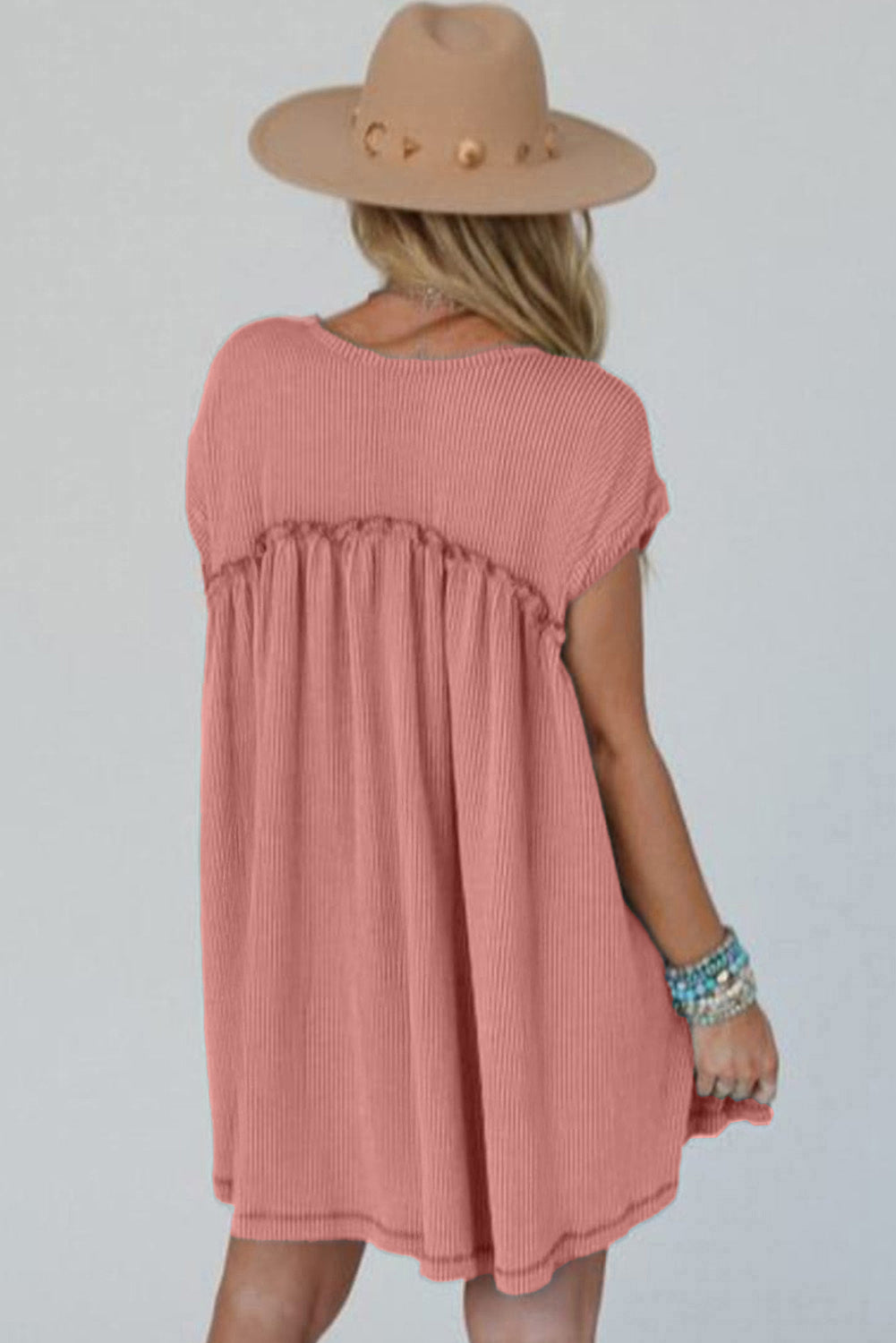 Dusty Pink Corded Knit Textured Patched Pocket Frilled Swing Mini Dress with Pockets 🇨🇳