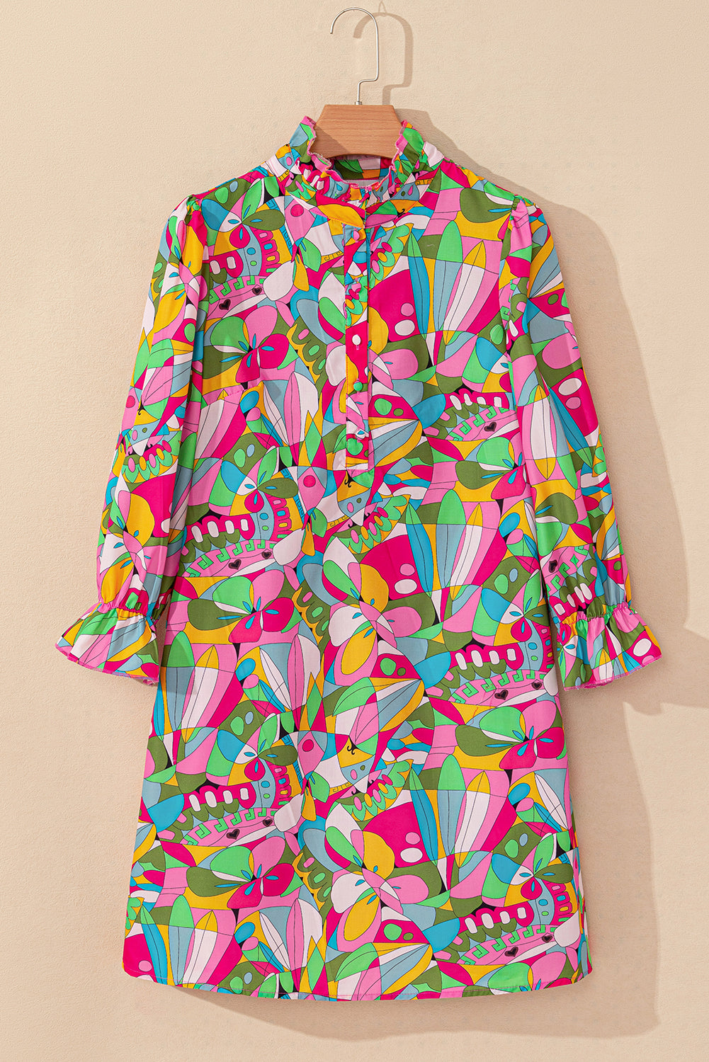 Pink Abstract Printed Lantern Sleeve Buttoned Mini Dress 🇺🇸