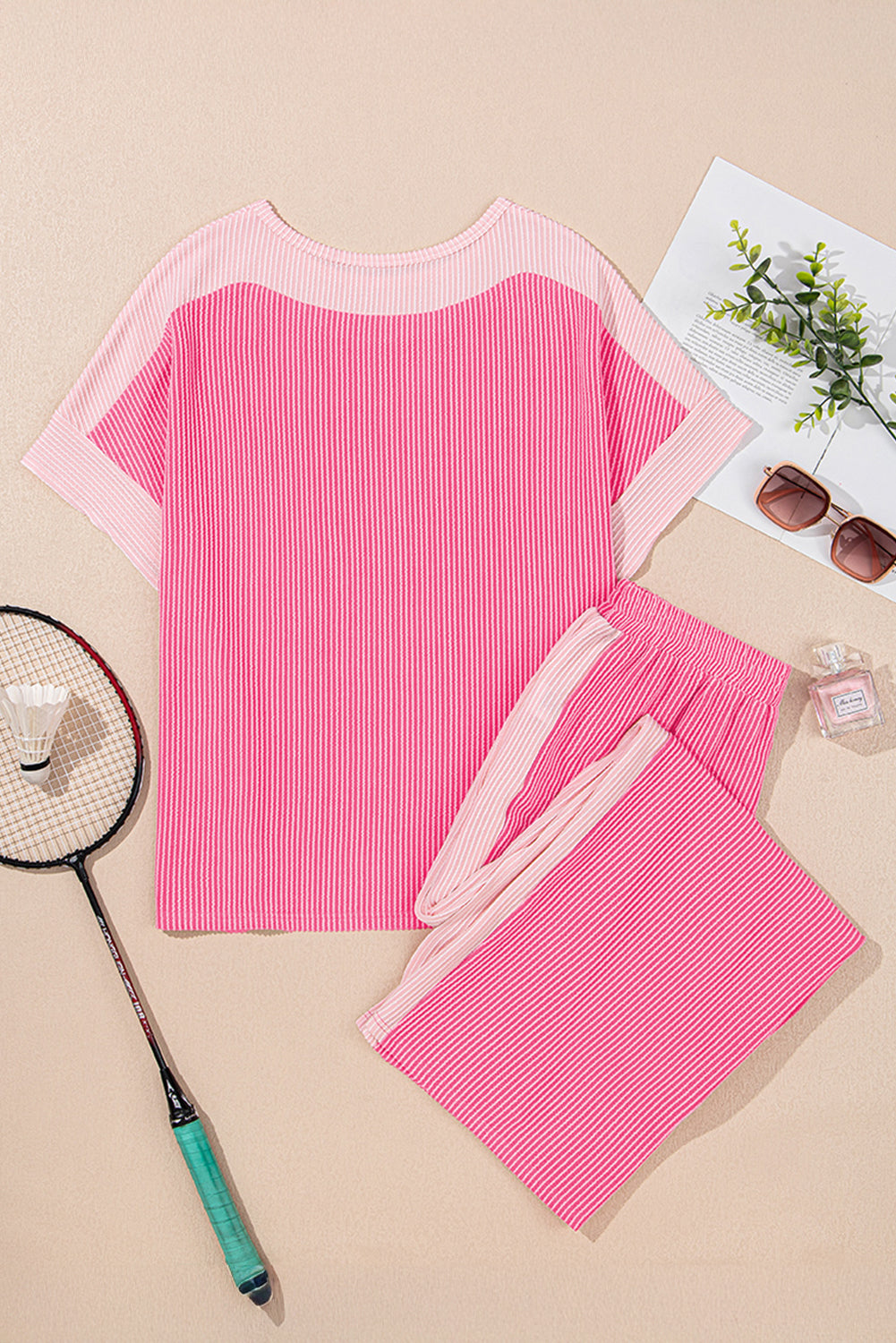 Sachet Pink 2-tone Colorblock Patchwork Corded 2pcs Outfit 🇨🇳