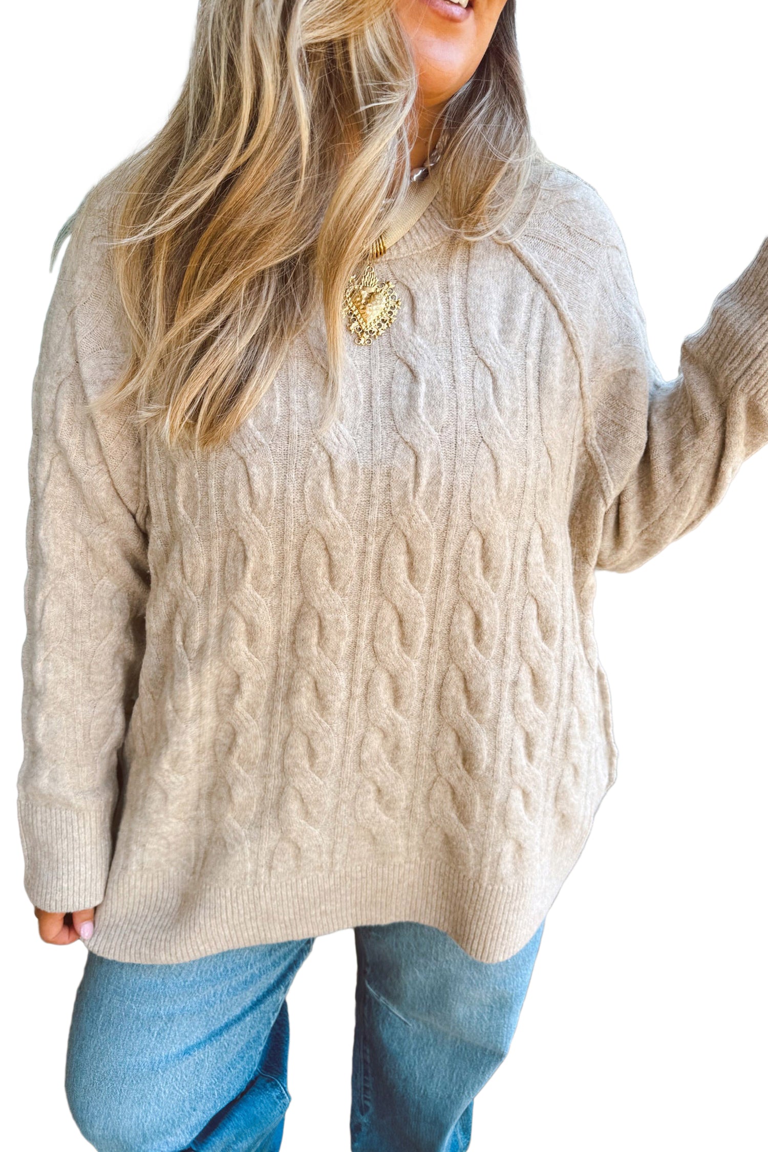 Parchment Oversized Cable Knit Long Sleeve Round Neck Tunic Length Plus Size Sweater 🇺🇸