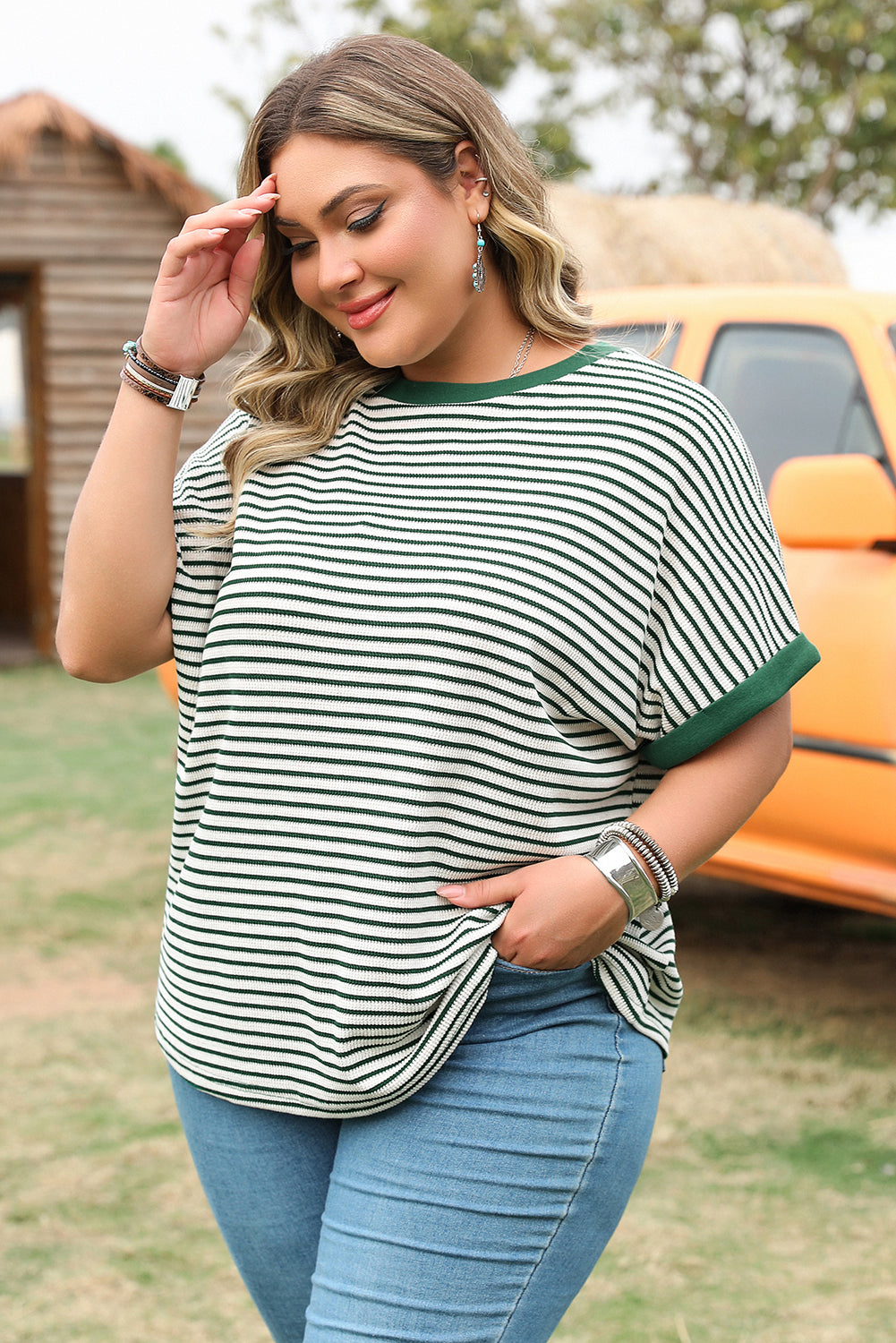 Green Stripe Trimmed Round Neck Plus Size Boxy Fit T-shirt 🇨🇳