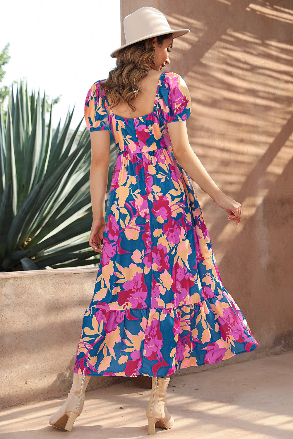 Dark Blue Square Neck Bubble Sleeve Ruffled Floral Dress 🇺🇸