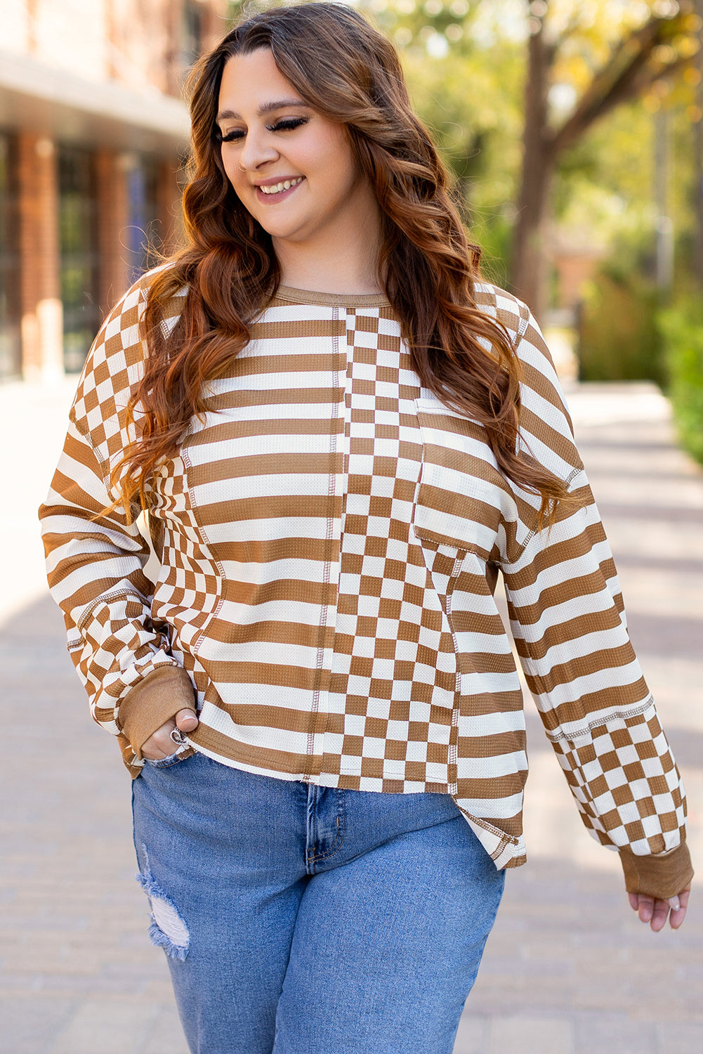 Khaki Striped Checkered Mixed Print Chest Pocket Casual Plus Size Top 🇺🇸
