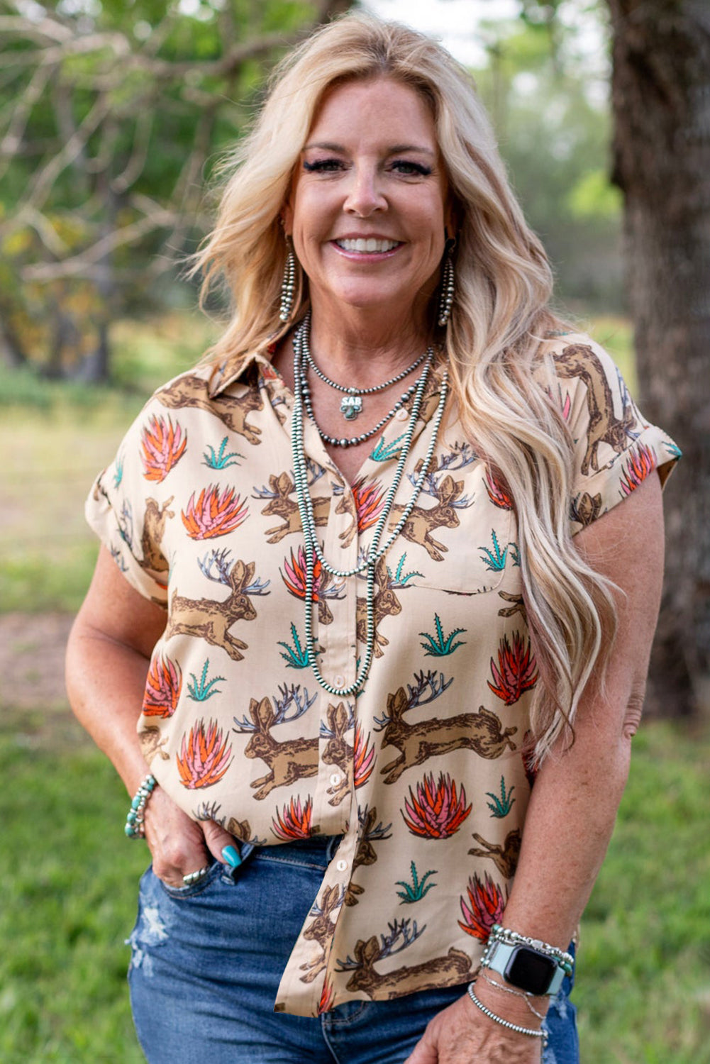 Khaki Plus Size Western Pattern Print Buttoned Short Sleeve Shirt 🇨🇳