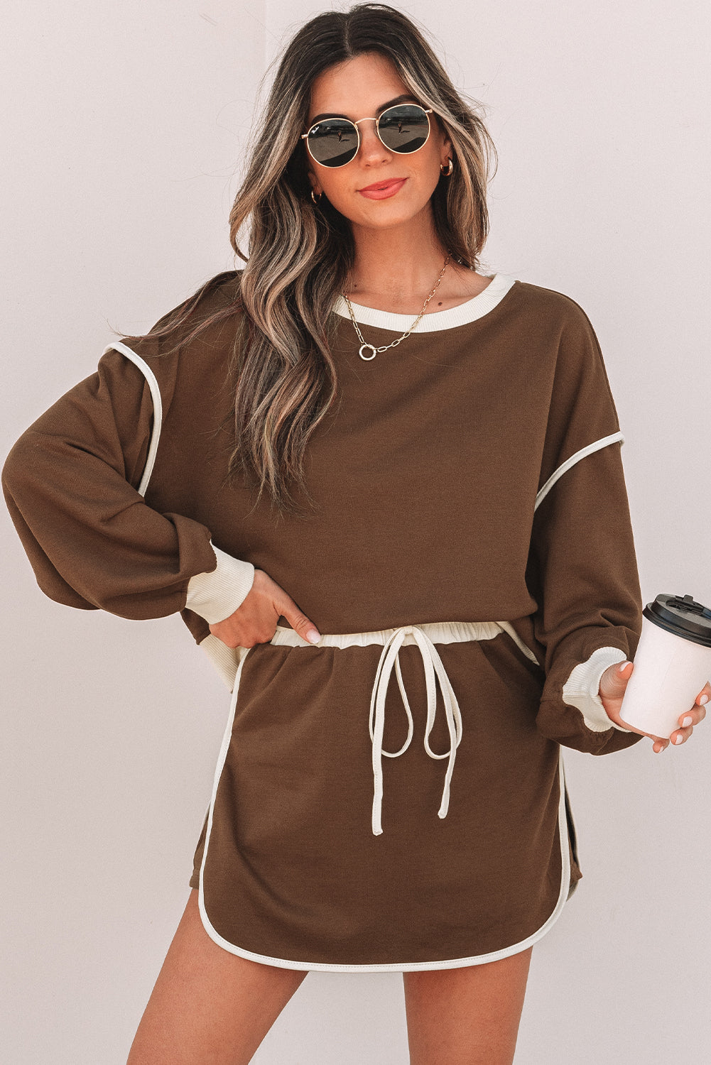 Coffee Color Contrast Loose Pullover and Lace-up Waist Skort Set 🇨🇳