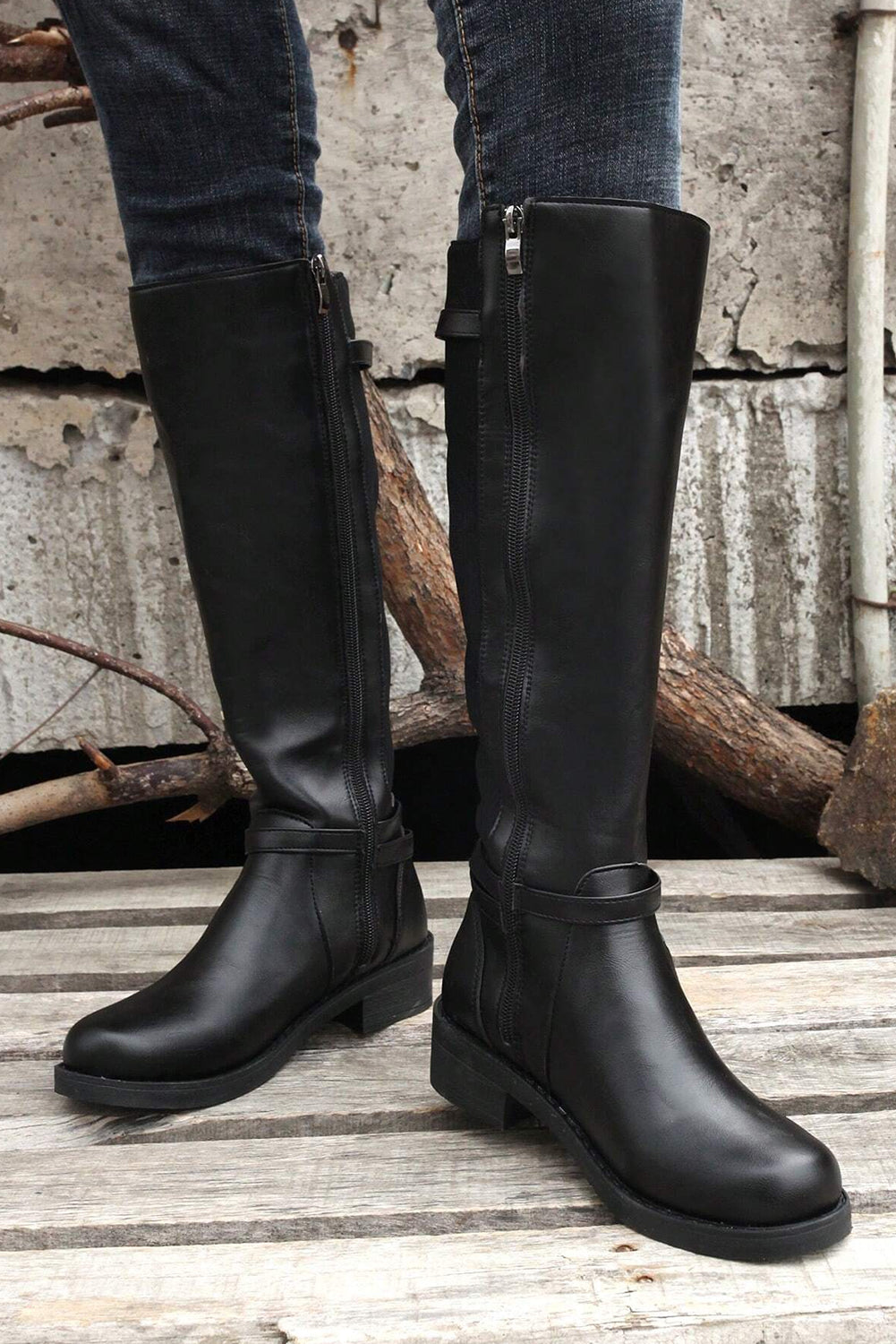 Black Side Zipper Knee High Chunky Low Heel Boots 🇨🇳