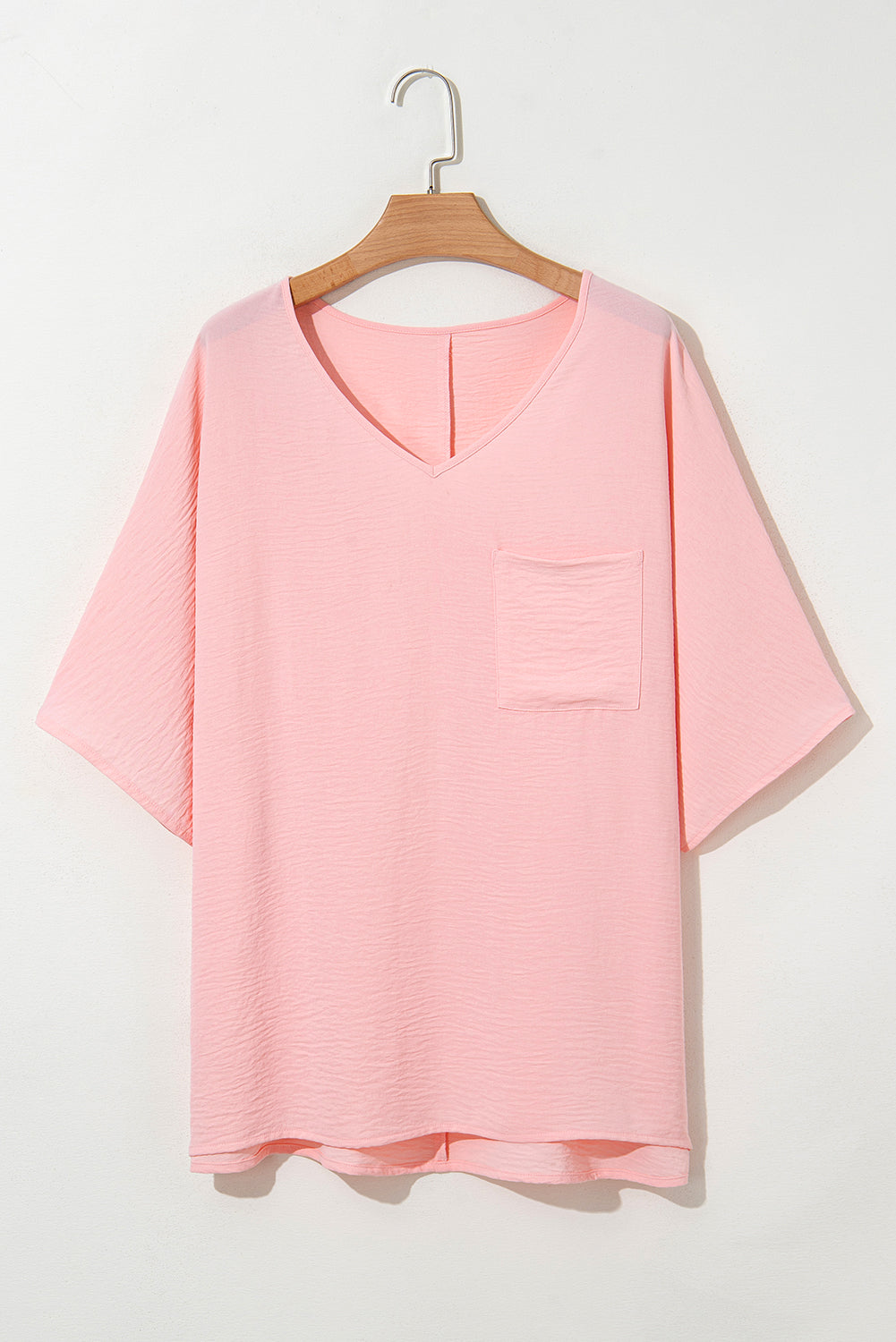 Pink Textured Half Sleeve V Neck Plus Size T Shirt with Chest Pocket 🇺🇲