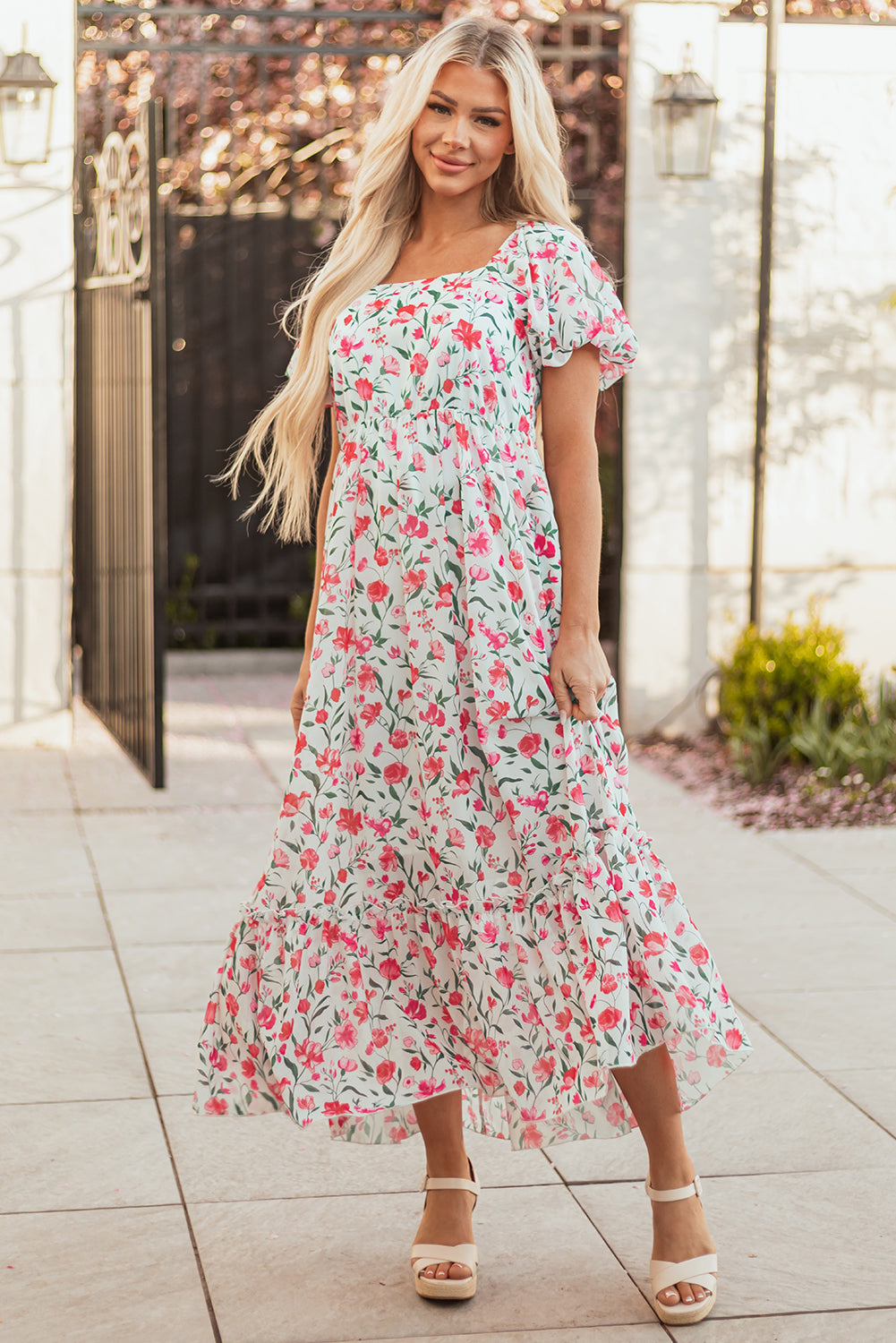 Pink Floral Puff Sleeve Square Neck Empire Waist Tiered Maxi Dress 🇨🇳